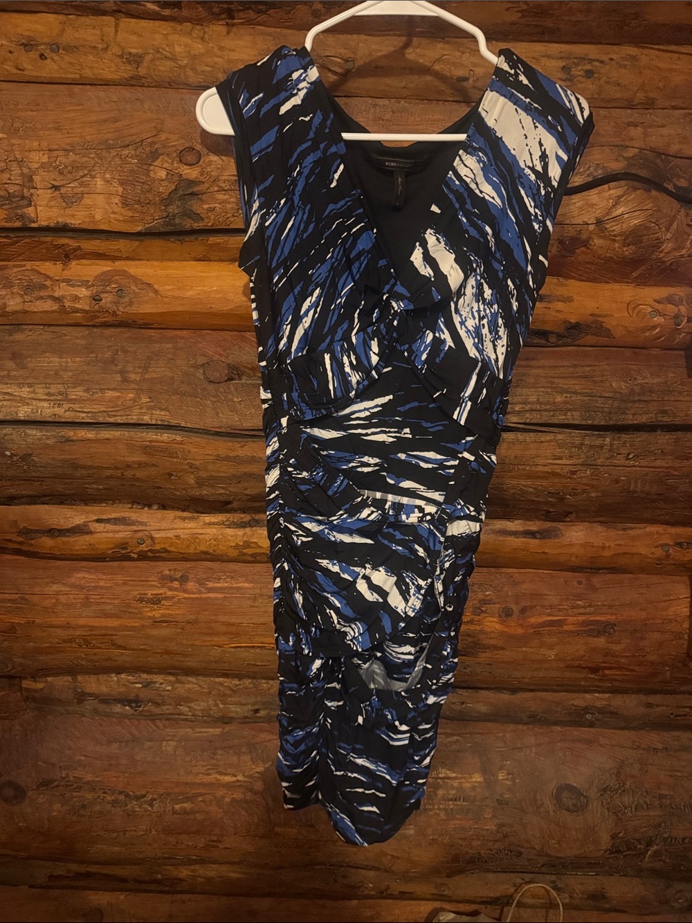 BCBGMaxAzria Black, Blue and White Abstract Midi Dress